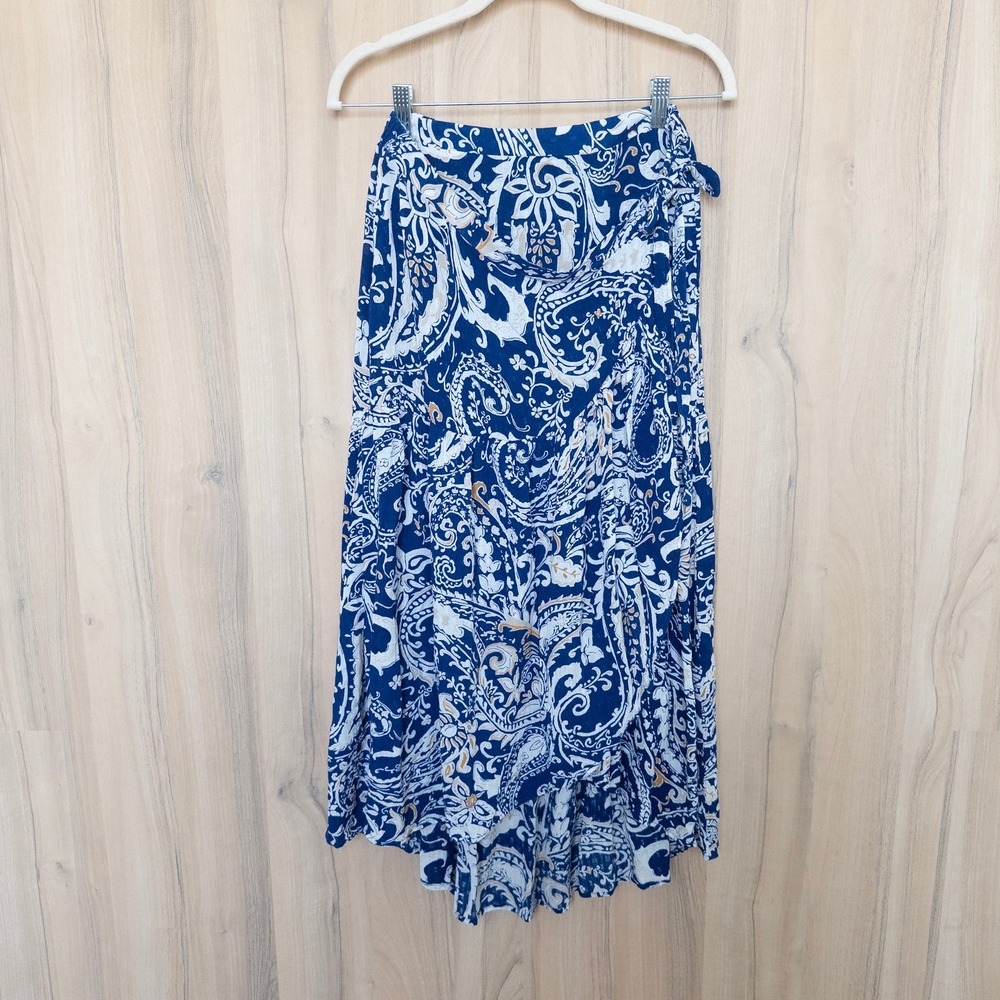 Nicole Miller Wrap‎ Skirt M Blue Paisley Resort Boho Coastal Romantic Summer